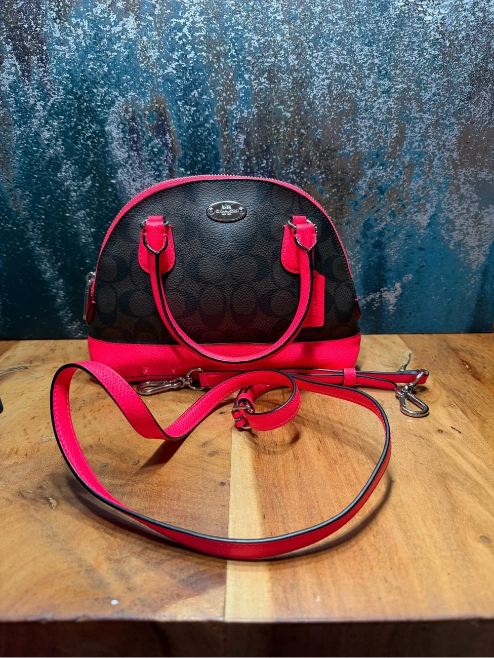 Coach Barbiecore 2014 Mini Cora Domed Satchel Brown Canvas Neon Pink